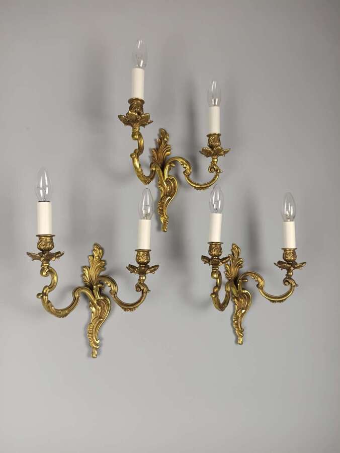 Set of 3 French Antique Twin Arm Rococo Gilded Bronze Wall Lights
