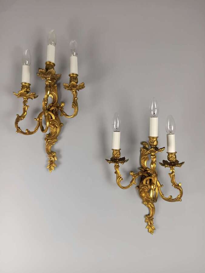 Pair of Large French Antique Triple Arm Gilded Bronze Gilded Bronze Wall Lights
