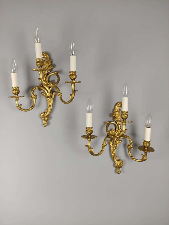 Pair of  French Antique Triple Arm Gilded Brass Gilded Brass Wall Lights