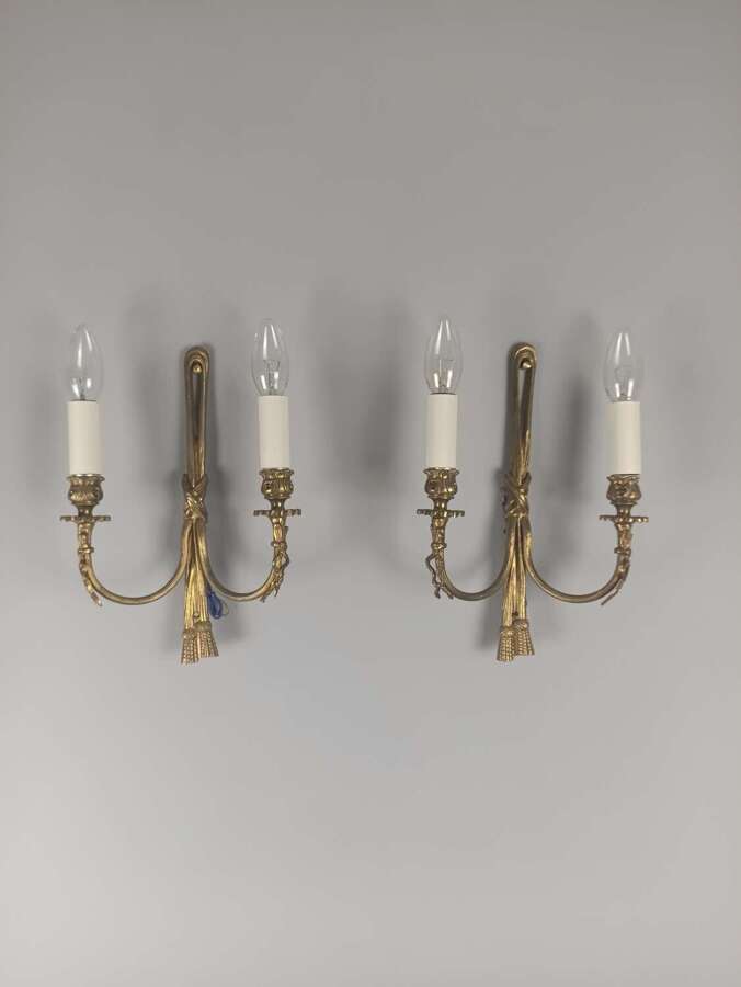 Pair of  French Antique Twin Arm Gilded Brass Ribbon Wall Lights