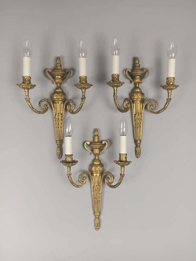 Set of 3 French Antique Twin Arm Gilded Brass Gilded Brass Wall Lights