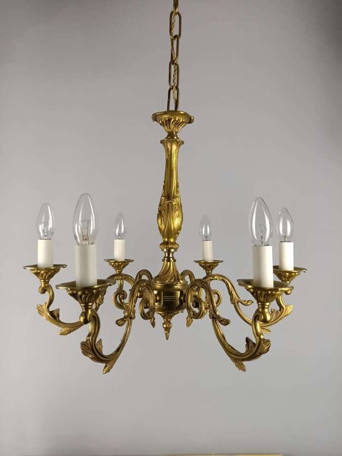 Large French Gilded Brass 6 Light Antique Chandelier