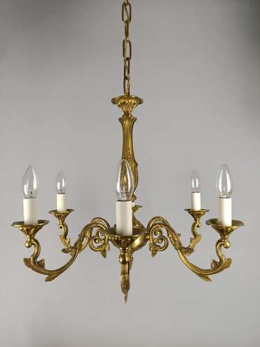 Large French Gilded Brass 6 Light Antique Chandelier