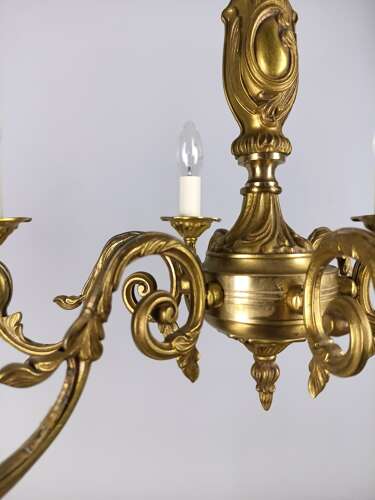Large French Gilded Brass 6 Light Antique Chandelier