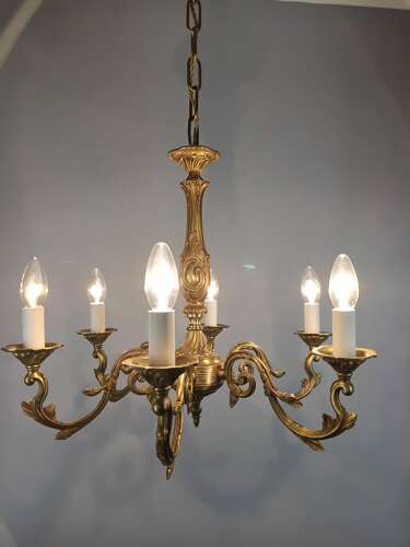 Large French Gilded Brass 6 Light Antique Chandelier