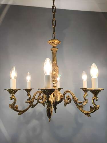 Large French Gilded Brass 6 Light Antique Chandelier