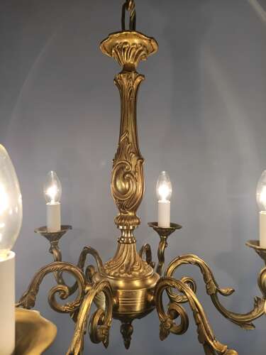 Large French Gilded Brass 6 Light Antique Chandelier