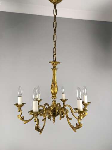 Large French Gilded Brass 6 Light Antique Chandelier