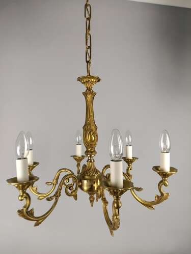 Large French Gilded Brass 6 Light Antique Chandelier
