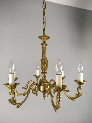 Large French Gilded Brass 6 Light Antique Chandelier
