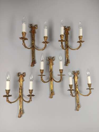 Set of 5 French Antique Twin Arm Gilded Brass Gilded Brass Wall Lights