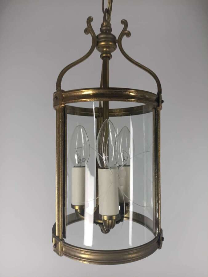 French Etched Glass Convex Gilt Brass Triple Light Hall Lantern