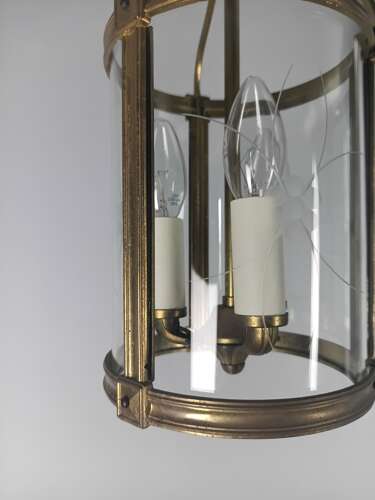 French Etched Glass Convex Gilt Brass Triple Light Hall Lantern
