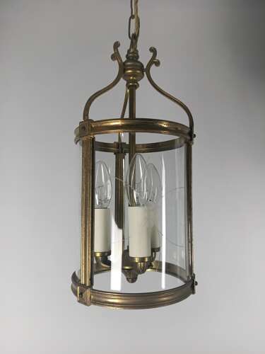 French Etched Glass Convex Gilt Brass Triple Light Hall Lantern
