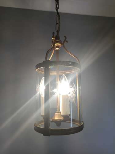 French Etched Glass Convex Gilt Brass Triple Light Hall Lantern