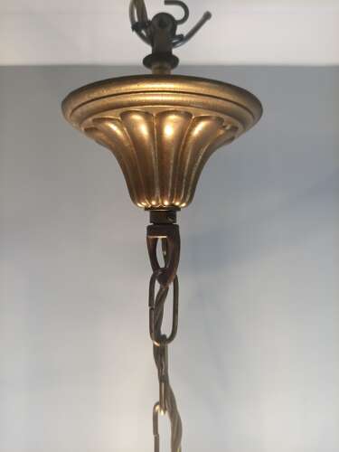 French Etched Glass Convex Gilt Brass Triple Light Hall Lantern