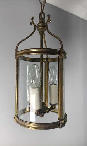French Etched Glass Convex Gilt Brass Triple Light Hall Lantern