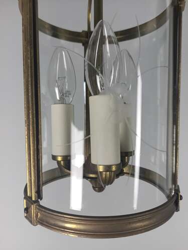 French Etched Glass Convex Gilt Brass Triple Light Hall Lantern