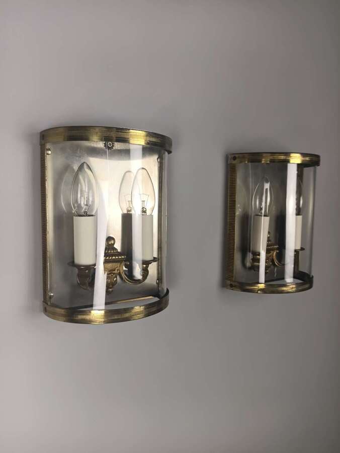 French Pair Of Twin Light Gilt Brass Convex Half Lanterns, Wall Lights