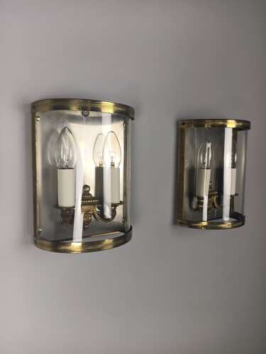 French Pair Of Twin Light Gilt Brass Convex Half Lanterns, Wall Lights