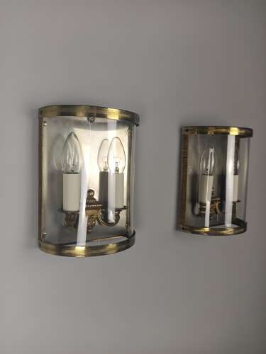 French Pair Of Twin Light Gilt Brass Convex Half Lanterns, Wall Lights