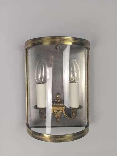 French Pair Of Twin Light Gilt Brass Convex Half Lanterns, Wall Lights