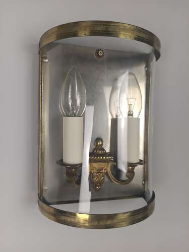 French Pair Of Twin Light Gilt Brass Convex Half Lanterns, Wall Lights