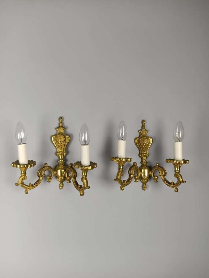 Pair of French Antique Twin Arm Gilded Brass Wall Lights