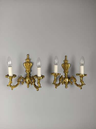 Pair of French Antique Twin Arm Gilded Brass Wall Lights