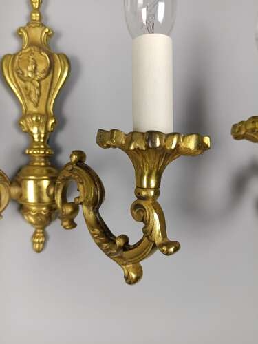 Pair of French Antique Twin Arm Gilded Brass Wall Lights