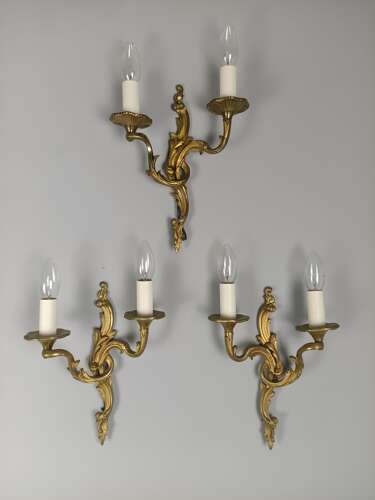 Set of 3 French Antique Twin Arm Gilded Bronze Wall Lights