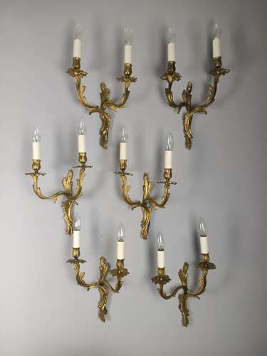Set of 6 French Antique Twin Arm Gilded Brass Wall Lights
