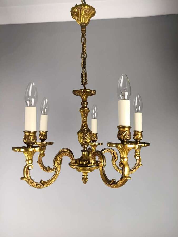 French 5 Light Gilt Bronze Antique Chandelier