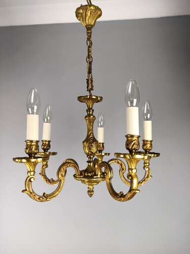 French 5 Light Gilt Bronze Antique Chandelier