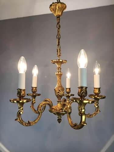 French 5 Light Gilt Bronze Antique Chandelier