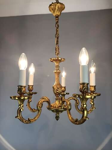 French 5 Light Gilt Bronze Antique Chandelier