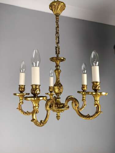 French 5 Light Gilt Bronze Antique Chandelier