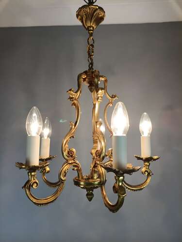 French 5 Light Gilt Bronze Antique Birdcage Chandelier