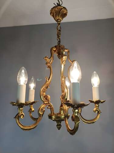 French 5 Light Gilt Bronze Antique Birdcage Chandelier