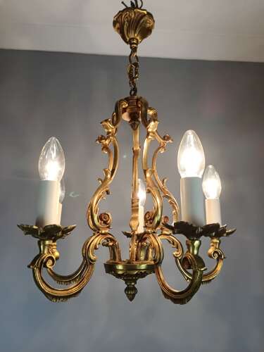 French 5 Light Gilt Bronze Antique Birdcage Chandelier