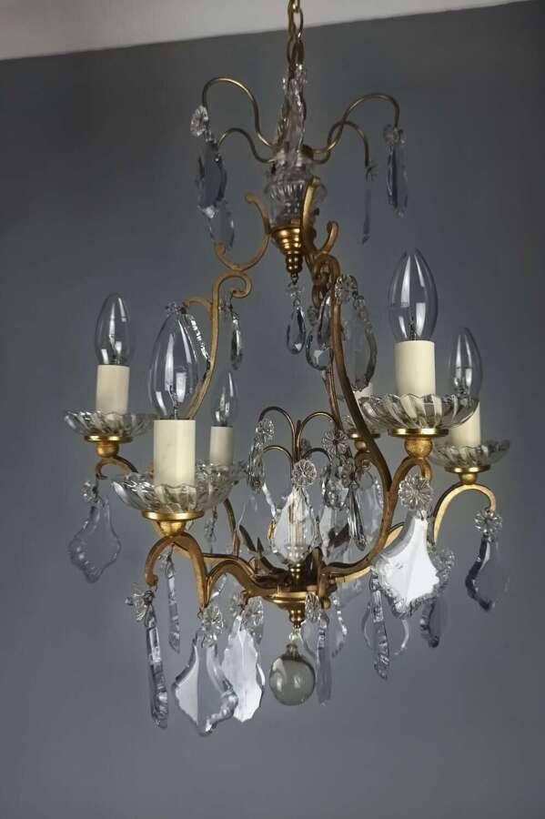 French Gilded & Crystal 6 Light Antique Birdcage Chandelier