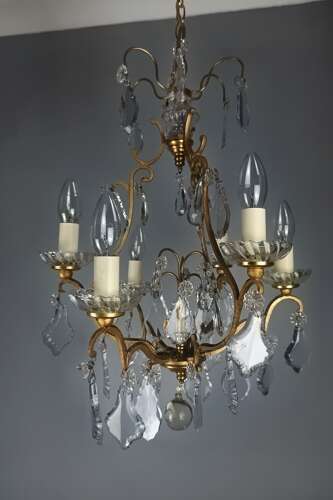 French Gilded & Crystal 6 Light Antique Birdcage Chandelier