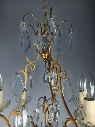 French Gilded & Crystal 6 Light Antique Birdcage Chandelier