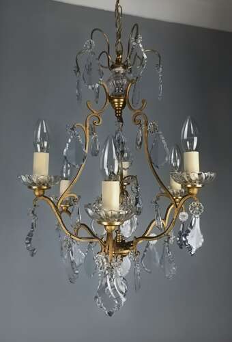 French Gilded & Crystal 6 Light Antique Birdcage Chandelier