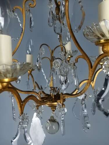 French Gilded & Crystal 6 Light Antique Birdcage Chandelier