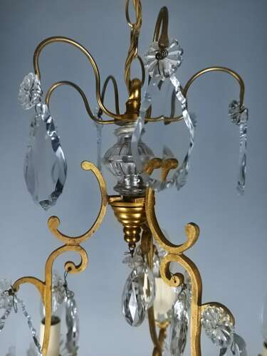 French Gilded & Crystal 6 Light Antique Birdcage Chandelier