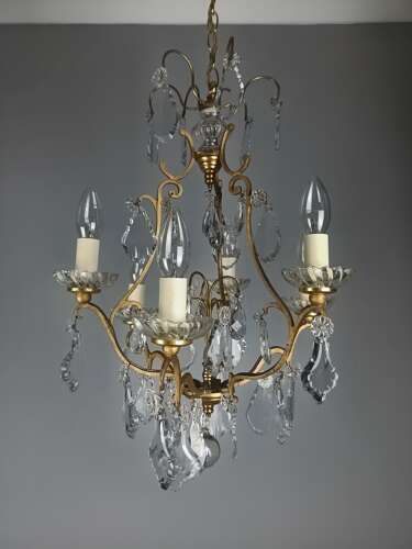 French Gilded & Crystal 6 Light Antique Birdcage Chandelier