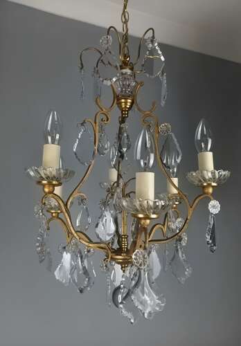 French Gilded & Crystal 6 Light Antique Birdcage Chandelier