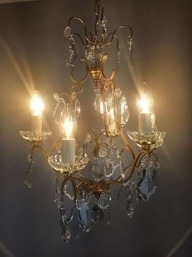 French Gilded & Crystal 6 Light Antique Birdcage Chandelier