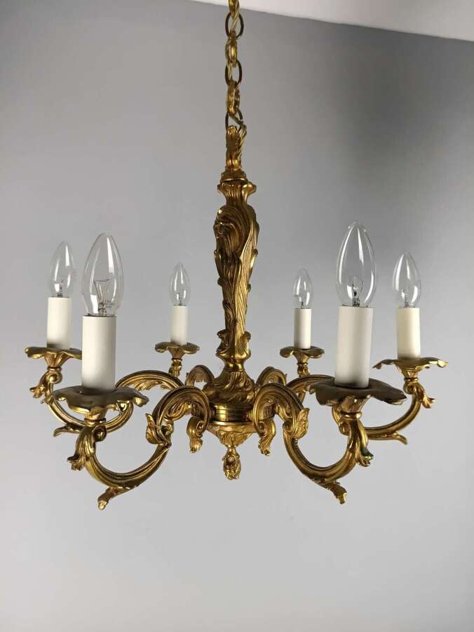 French 6 Light Gilt Bronze Antique Chandelier